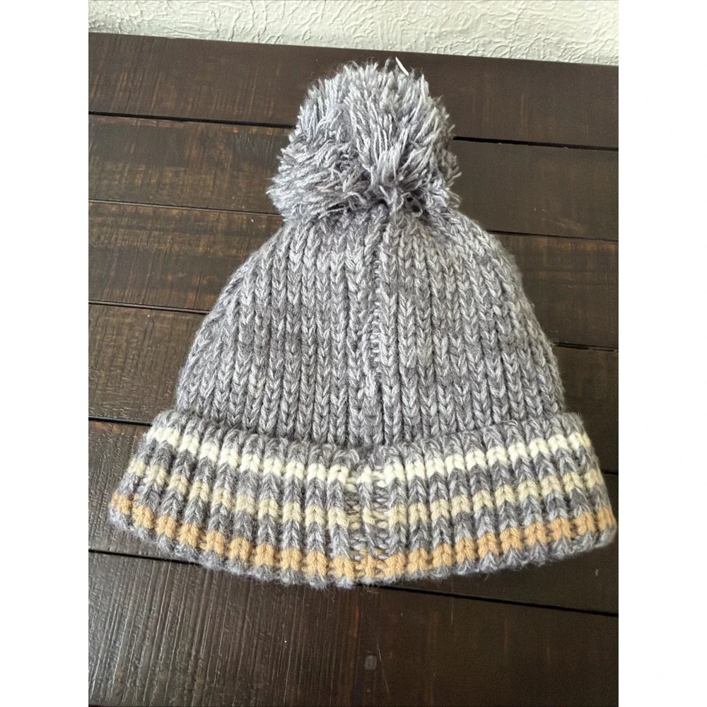 The Children's Place Boys Navy Gray Dinosaur Knit Beanie Hat Pom Pom 2T- 5T